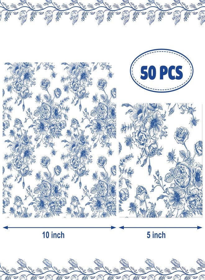 peony man 50 PCS Blue Floral Cocktail Napkins Blue and White Flower Paper Napkins 3-Ply Disposable Flowers Beverage Napkin for Wedding Bridal Shower Birthday Baby Shower Party Supplies, 5 x 5 Inch - Image 2